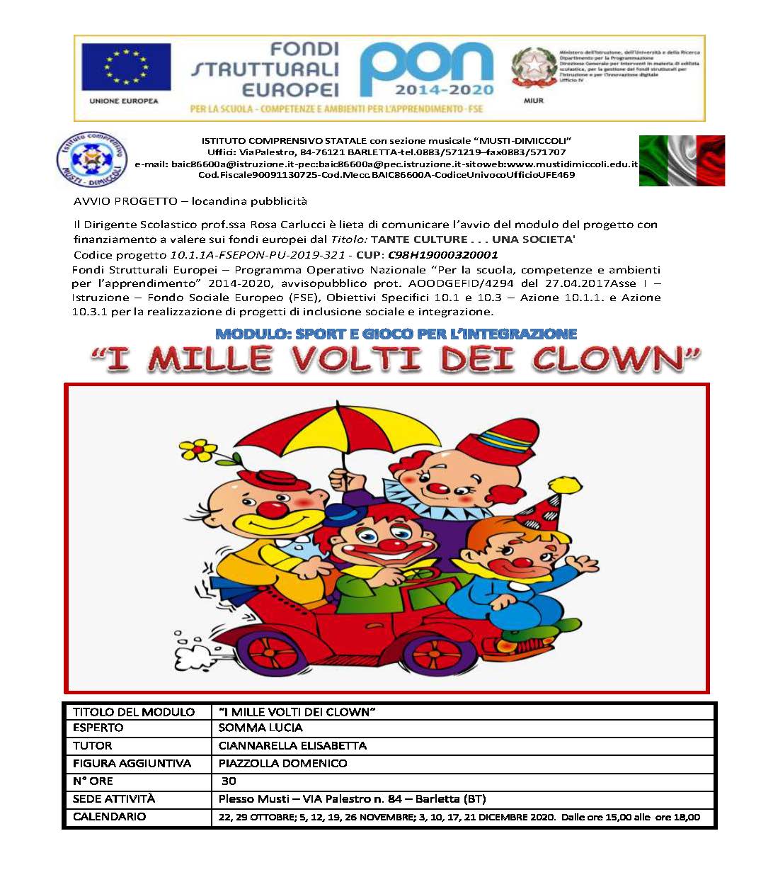Locandina PON inclusione sociale e integrazione I mille volti dei clown