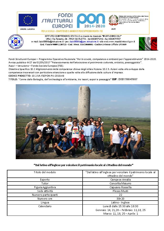 Locandina Pon Patrimonio Dal latino allinglese