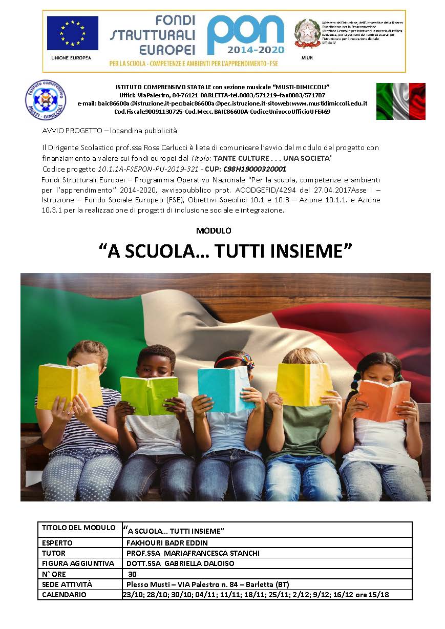 Locandina PON A SCUOLA TUTTI INSIEME