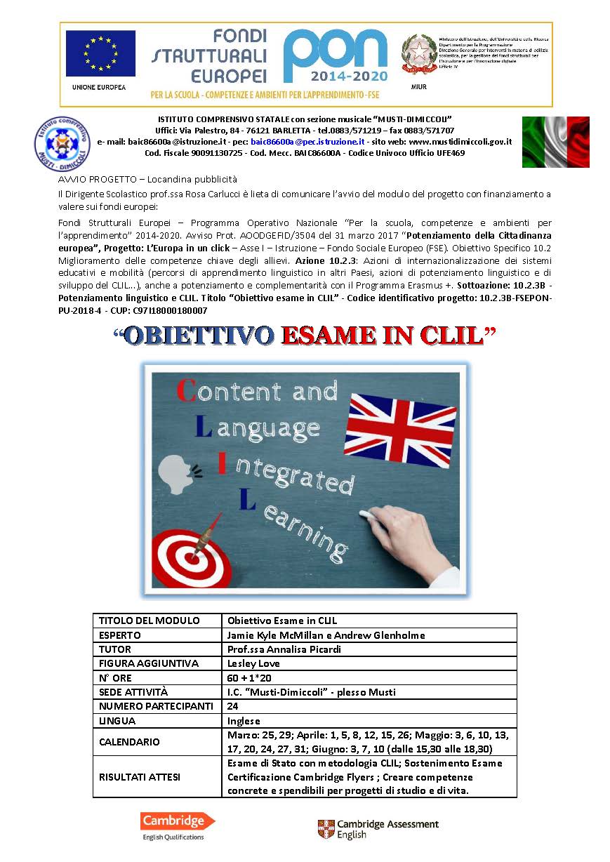locandina PON Obiettivo Esame in CLIL